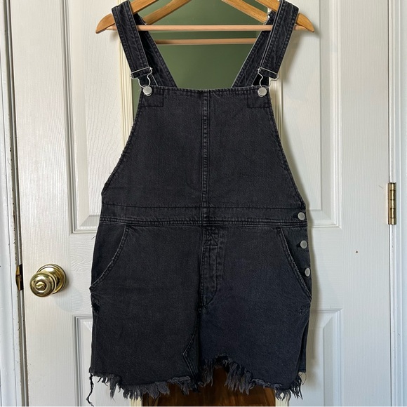 Free People Dresses & Skirts - Free People Black Denim Distressed Hem Overall Mini Dress | Size 12